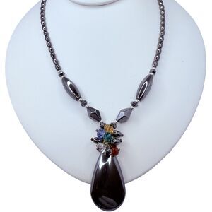 Vintage Multicolor Crystal Teardrop Marcasite Pendant Necklace 18" Flower